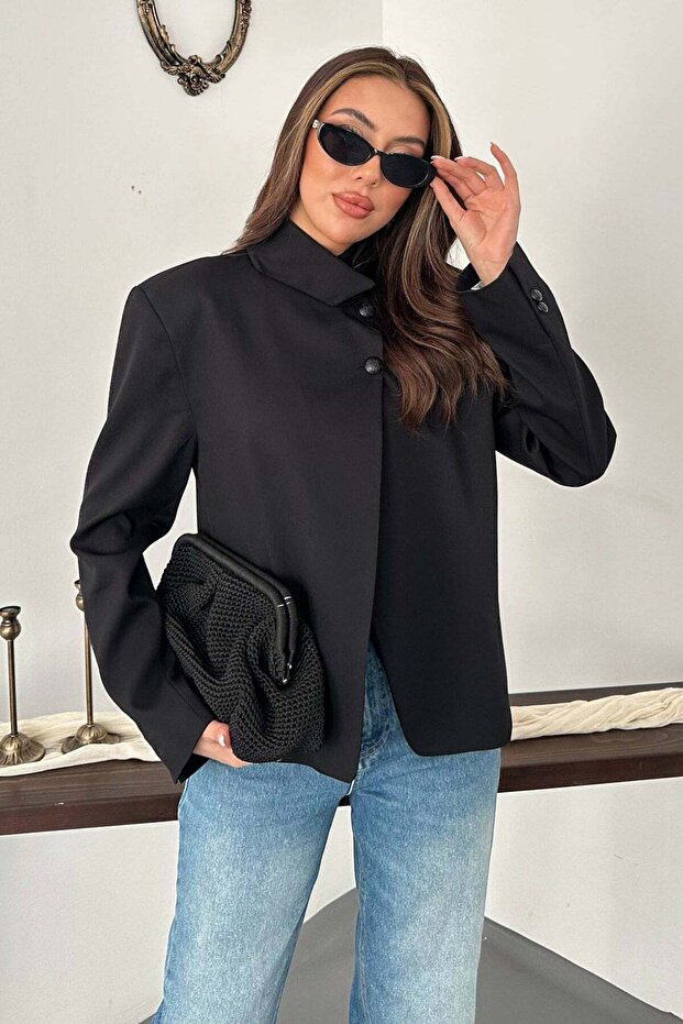 Women's Black Jacket High Collar Double Button Lined Long Sleeve Woven Blazer