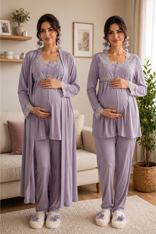 Comfortable Fit Long Robe Maternity Pajama Set Effortt - Gray