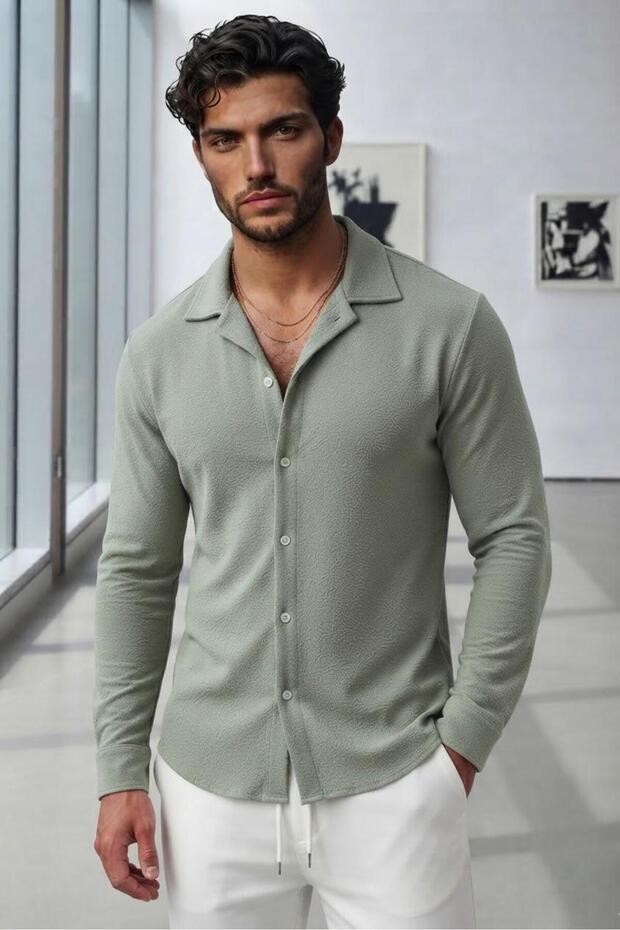 Men's Green Crepe Fabric Lycra Long Sleeve Shirt