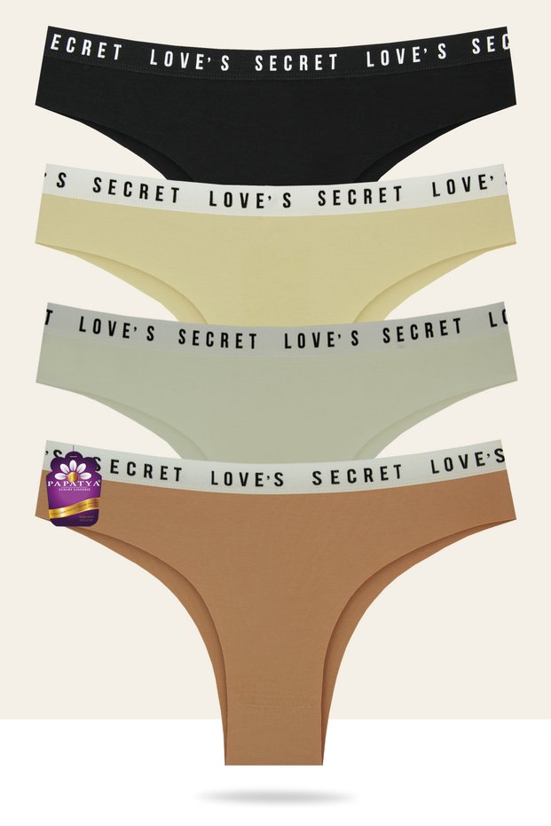 4-Pack Cotton Laser Brazilian Panties - Love Secret Written Waist Elastic W-4640