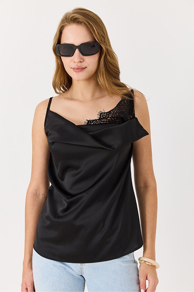 Women's Satin Lace Adjustable Strap Collar Blouse Black