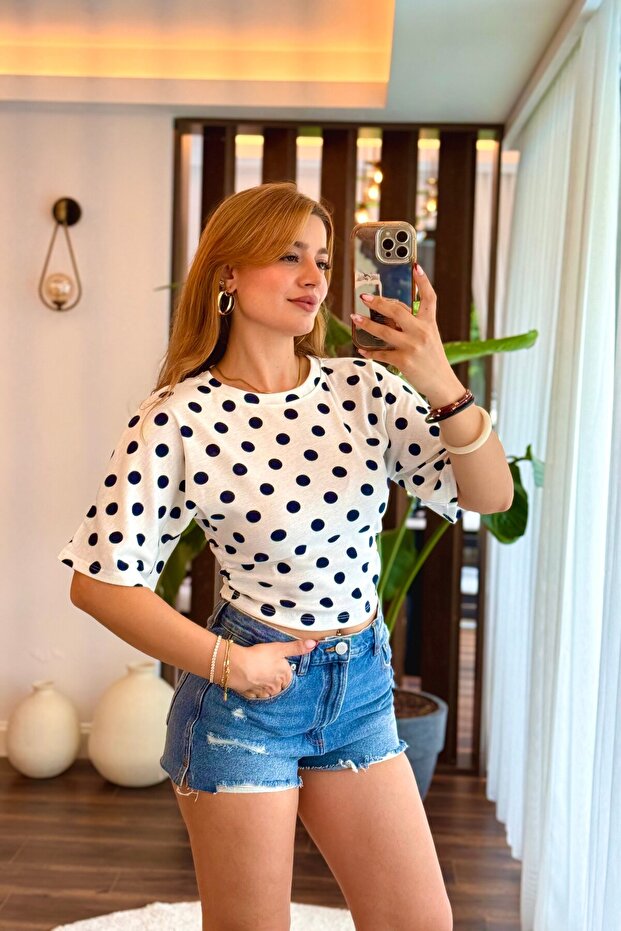 Women's Crew Neck Lycra Polka Dot Patterned Short Sleeve Blouse Navy Blue