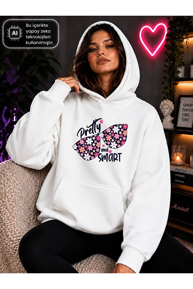 Women's Floral Patterned Sunglasses Printed Hooded Kangaroo Pocket Cotton Casual Sweatshirt