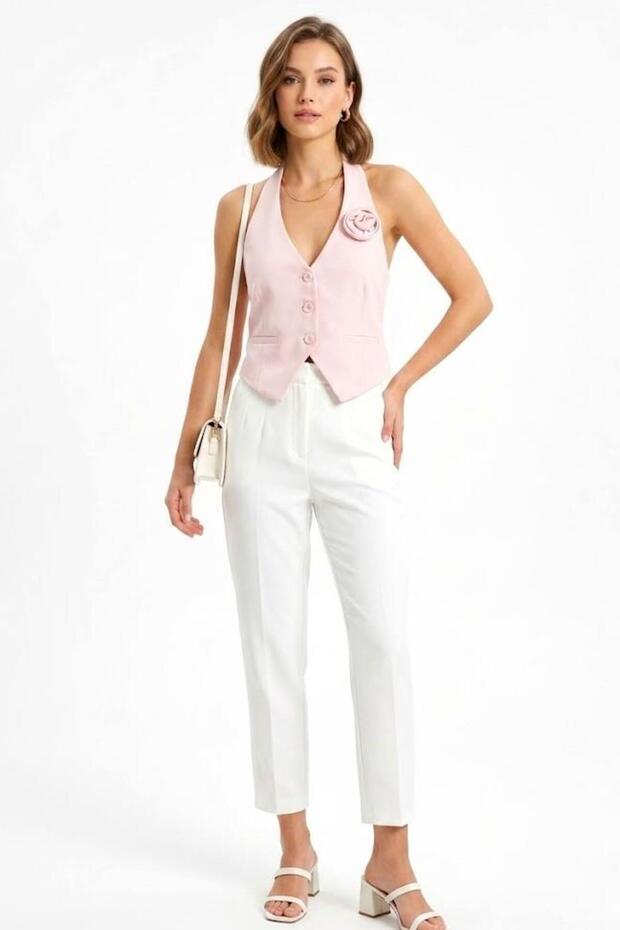Women's Halter Neck Rose Detailed Crop Vest Pink