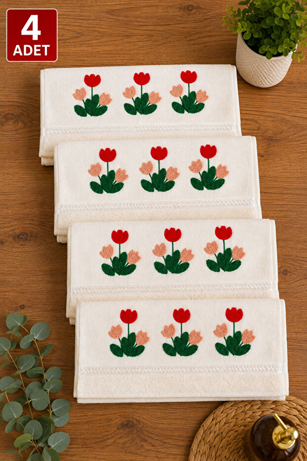 4-Piece Punch Embroidered Hand and Face Towel Set – Soft Textured Decorative Towel
