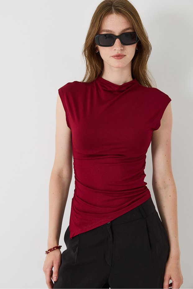 Women's Skirt Cross Fisherman Combed Cotton Stretchy Blouse Burgundy