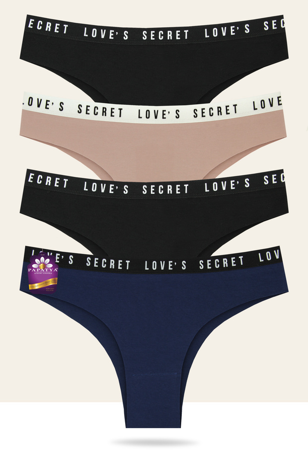 4-Pack Cotton Laser Brazilian Panties - Love Secret Written Waist Elastic W-4640