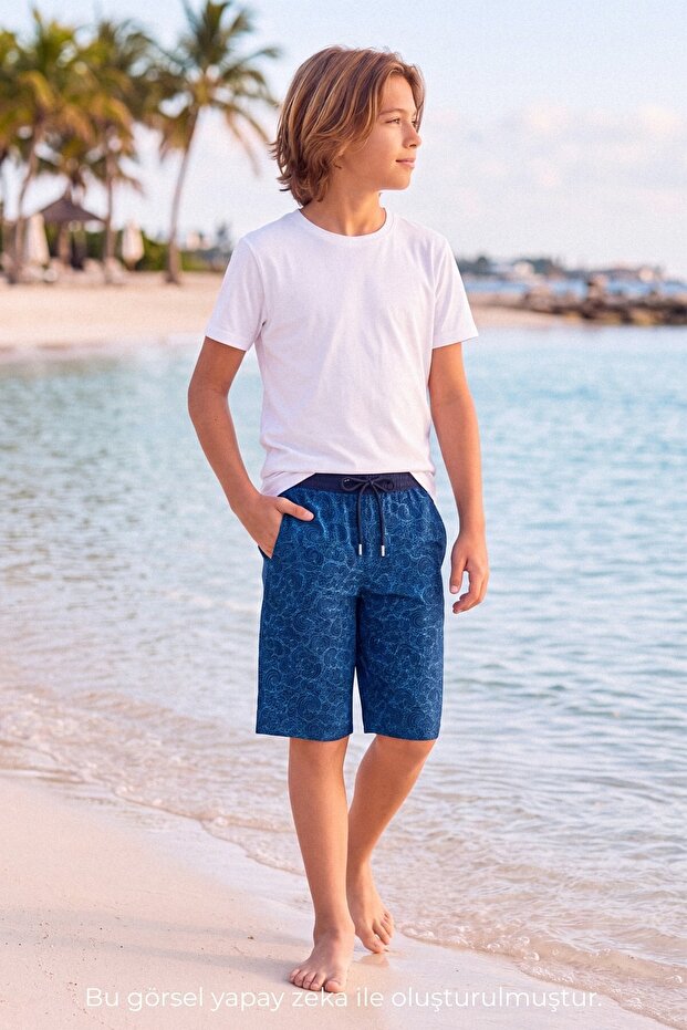 Wave Patterned Navy Blue Boys' Pool and Sea Shorts 6044