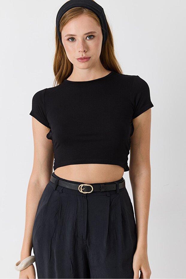 Women's Crew Neck Backless Crop Blouse Black