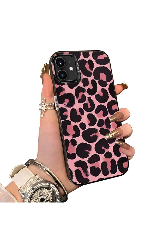 iPhone 12 Mini Compatible Pink Back Black Leopard Pattern Acrylic Back Silicone Edge Phone Case
