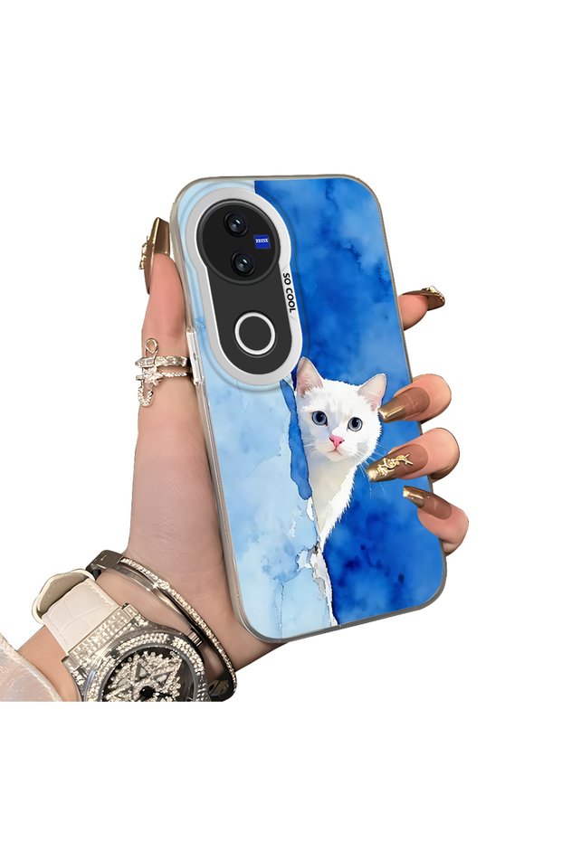 Vivo V50 Compatible Cute White Cat Pattern Acrylic Back Silicone Edge Phone Case
