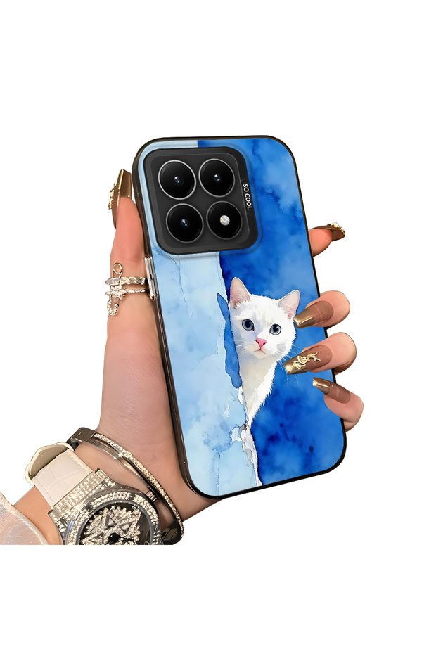 Xiaomi Mi 15t Compatible Cute White Cat Pattern Acrylic Back Silicone Edge Phone Case