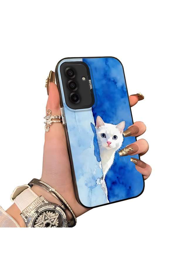 Samsung Galaxy A17 4G/5G Compatible Cute White Cat Pattern Acrylic Back Silicone Edge Phone Case