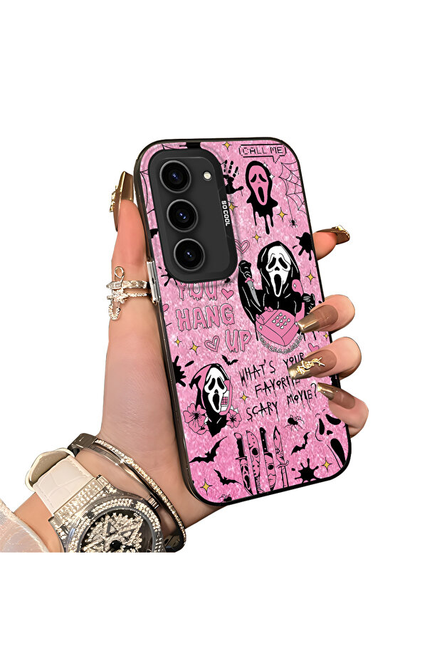 Samsung Galaxy S23 Compatible Pink Horror Movie Mask Patterned Acrylic Back Silicone Edge Phone Case