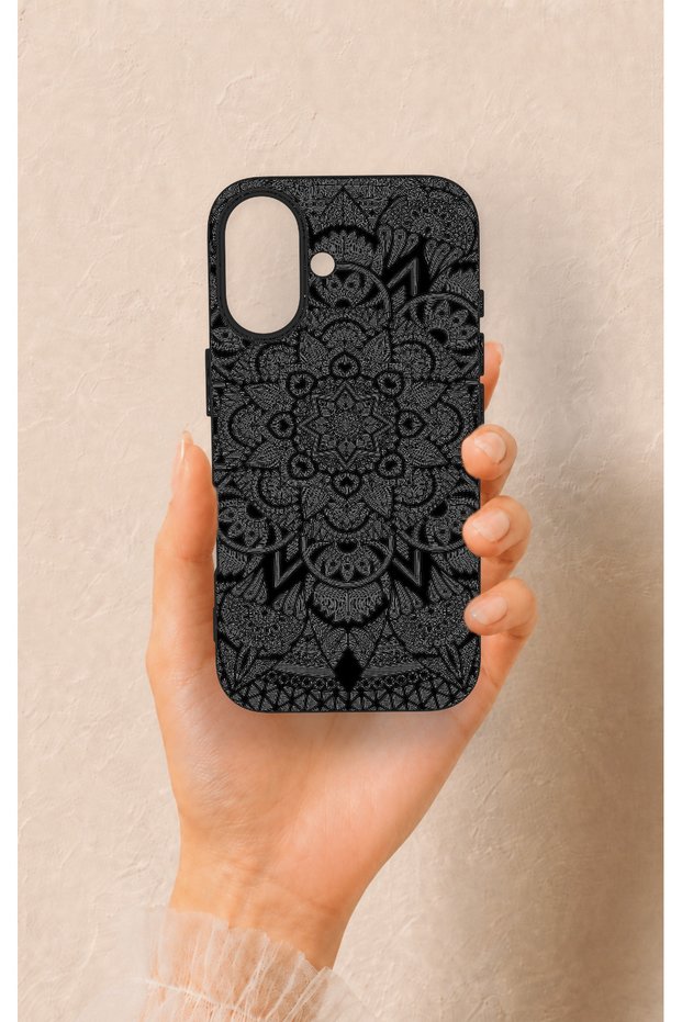 iPhone 16 Compatible Black and White Mandala Patterned Silicone Case