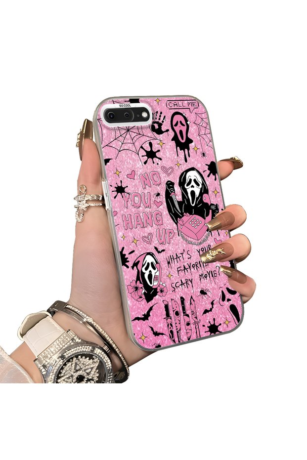Pink Horror Movie Mask Patterned Acrylic Back Silicone Edge Phone Case Compatible with iPhone 7 Plus/8 Plus