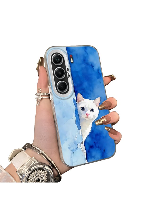 Cute White Cat Pattern Acrylic Back Silicone Edge Phone Case for Tecno Camon 40 Pro 5g(Cm7) Compatible