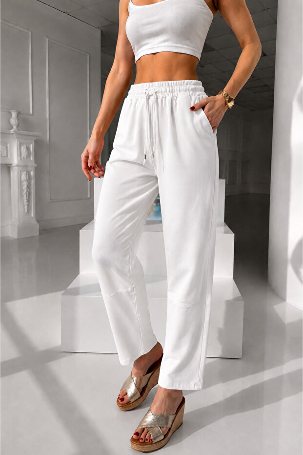 White Linen Trousers with Elastic Waist - 23085