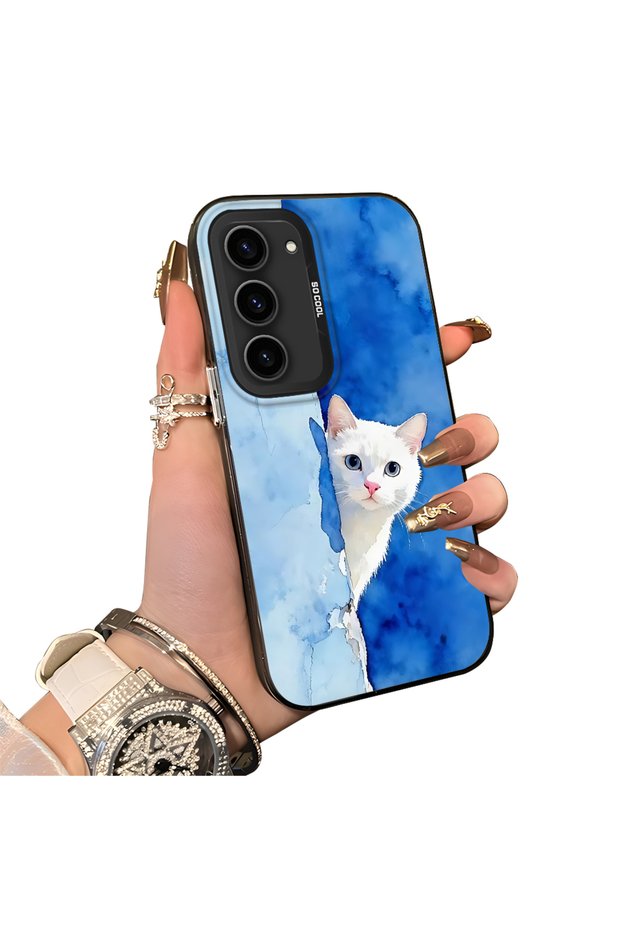 Samsung Galaxy S23 Compatible Cute White Cat Pattern Acrylic Back Silicone Edge Phone Case