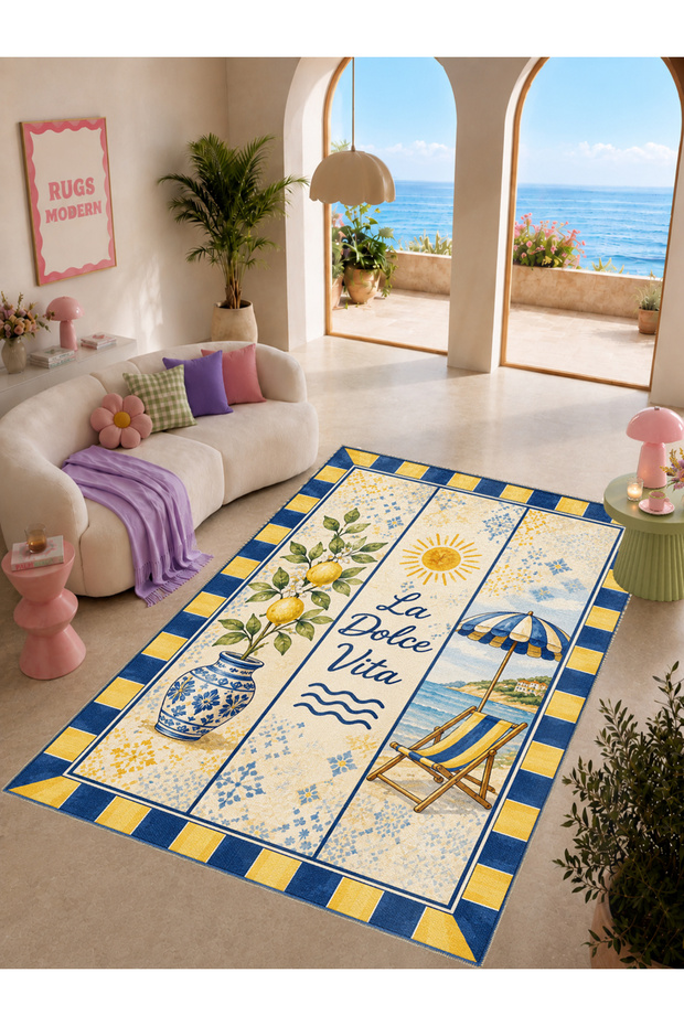 Aura La Dolce Vita Written Summer Themed Woven Base Decorative Carpet Aura4088