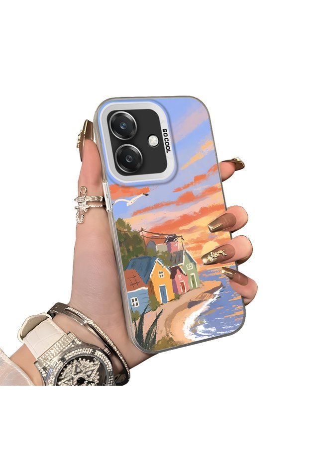 Oppo A3/A3X 4G/5G Compatible Sunset Seaside Scenery Printed Acrylic Back Silicone Edge Phone Case