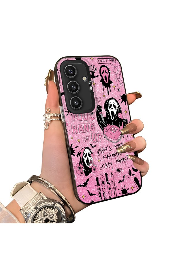 Samsung Galaxy S24 Compatible Pink Horror Movie Mask Patterned Acrylic Back Silicone Edge Phone Case