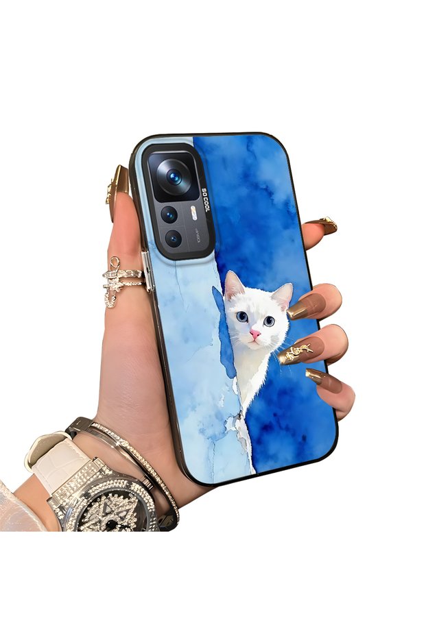 Cute White Cat Pattern Acrylic Back Silicone Edge Phone Case Compatible with Xiaomi Mi 12T/12T Pro