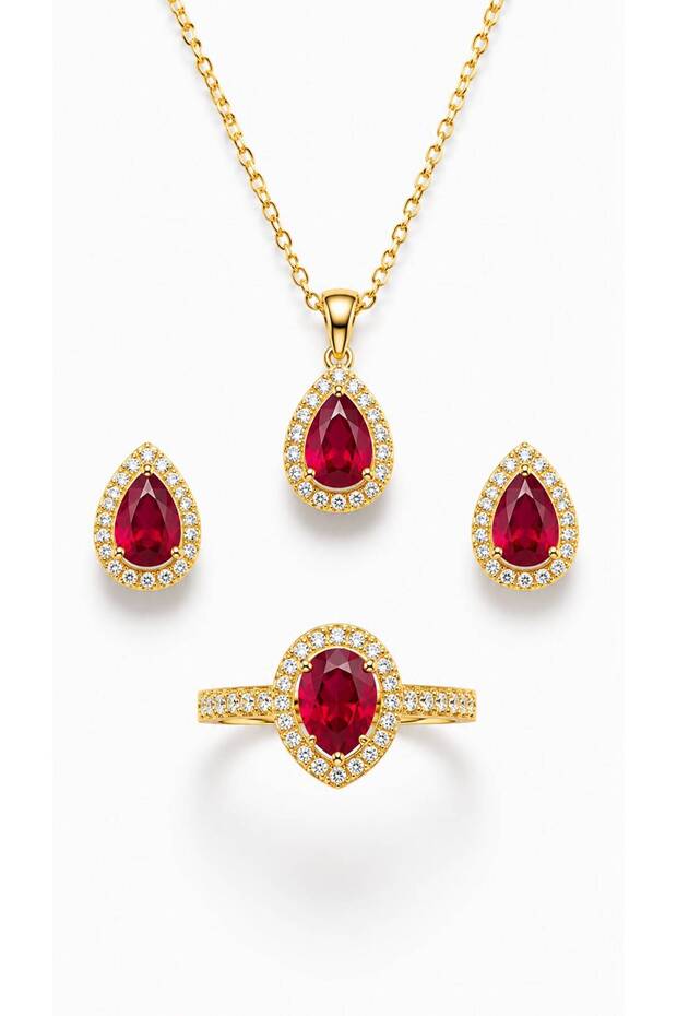 Ruby Red Crystal Stone Drop Necklace Earrings and Adjustable Ring 3-Piece Jewelry Set Gold Color