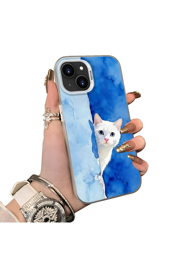 iPhone 15 Compatible Cute White Cat Pattern Acrylic Back Silicone Edge Phone Case