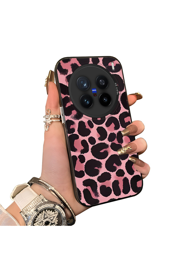 Vivo X200 Pro Compatible Pink Back Black Leopard Pattern Acrylic Back Silicone Edge Phone Case