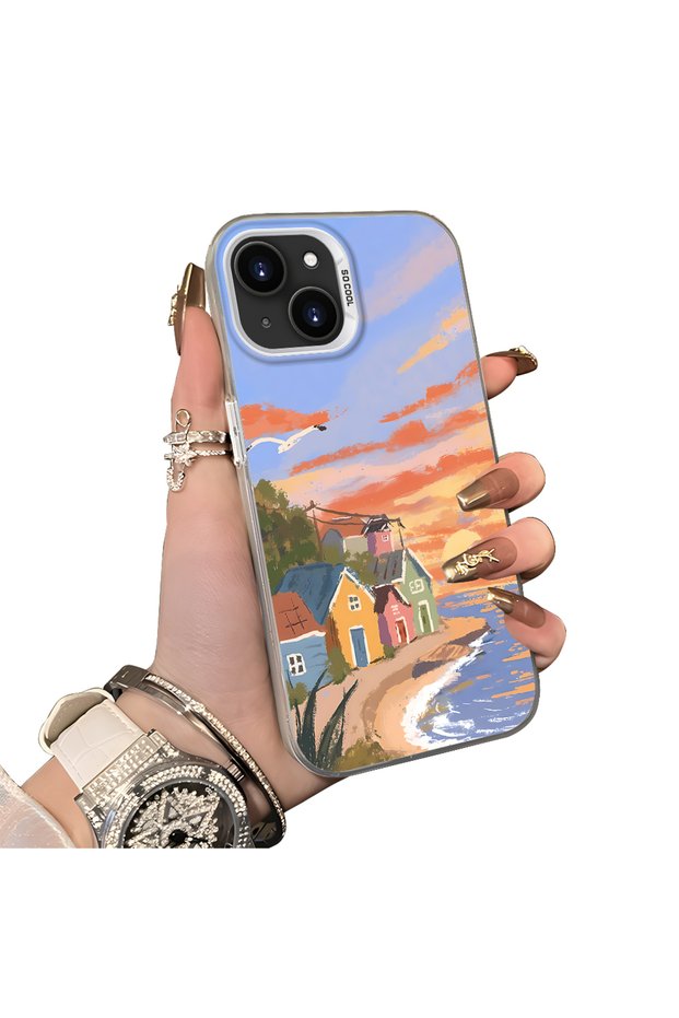 iPhone 14 Plus/15 Plus Compatible Sunset Beach Scenery Printed Acrylic Back Silicone Edge Phone Case