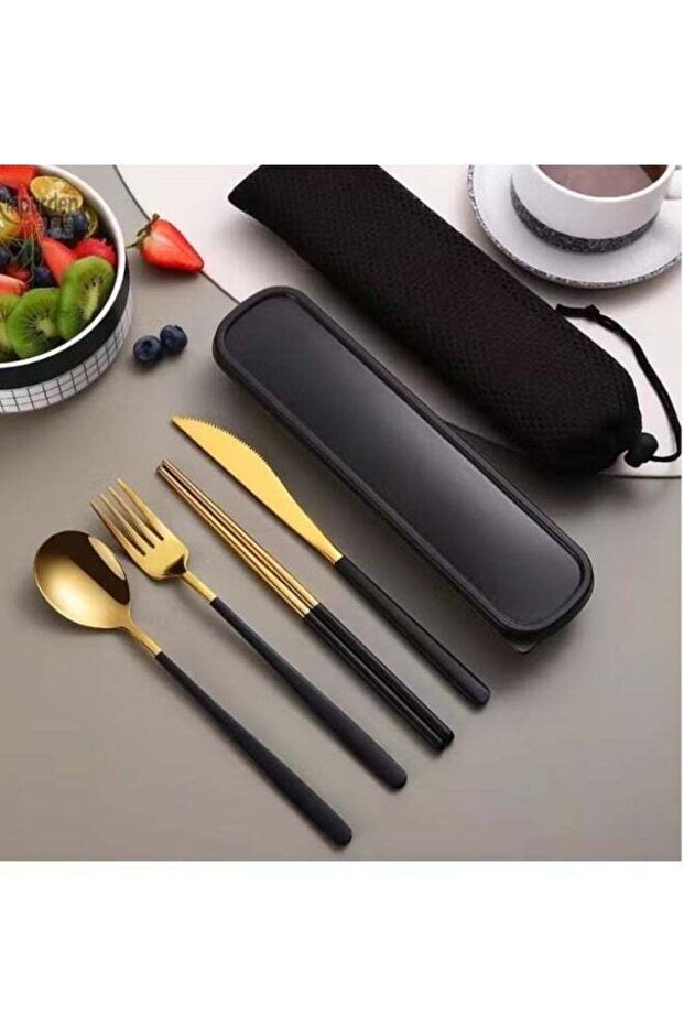 Cutlery Set – Black & Gold Knife | Spoon | Fork | Chopsticks | 4-in-1 Stainless Steel with Box