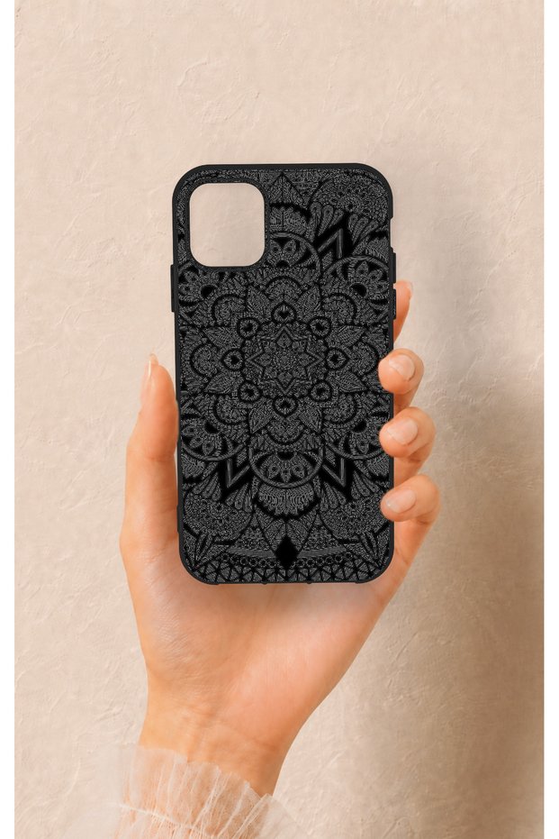 iPhone 11 Compatible Black and White Mandala Pattern Silicone Case