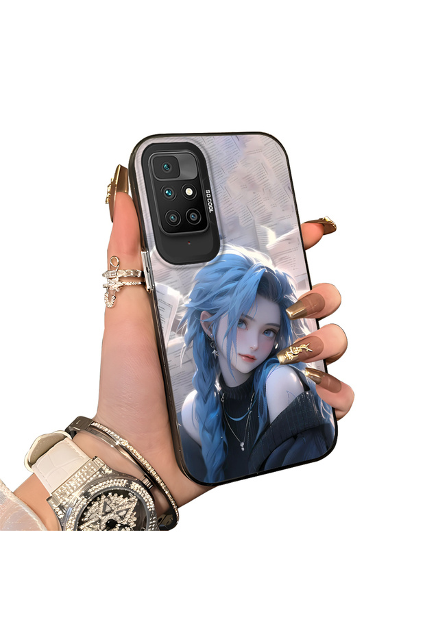 Xiaomi Redmi 10 2022 Compatible Blue Haired Anime Girl Patterned Acrylic Back Silicone Edge Phone Case