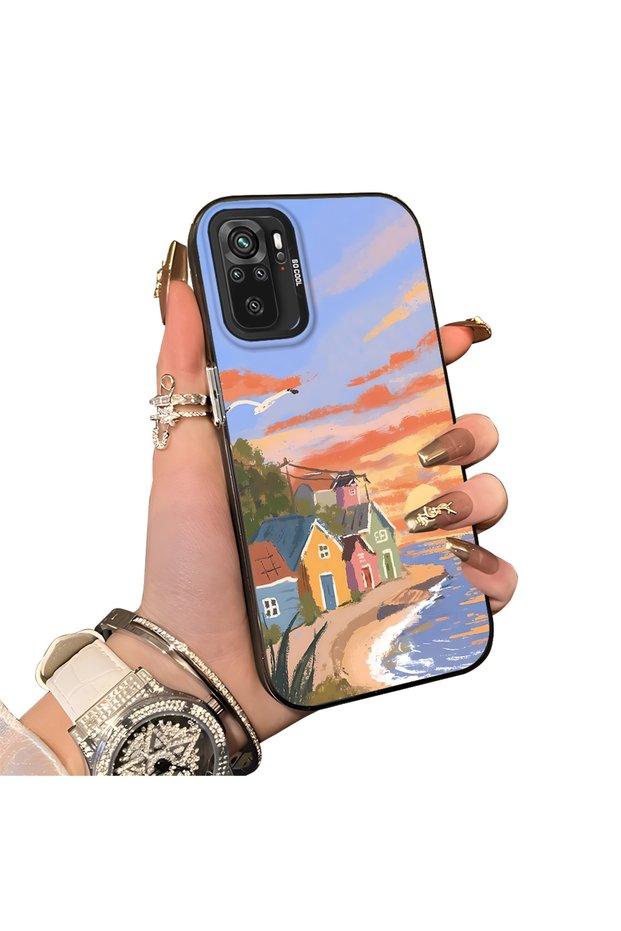 Xiaomi Redmi Note 10 4G/Note 10S Compatible Sunset Seaside Scenery Printed Acrylic Back Silicone Edge Phone Case