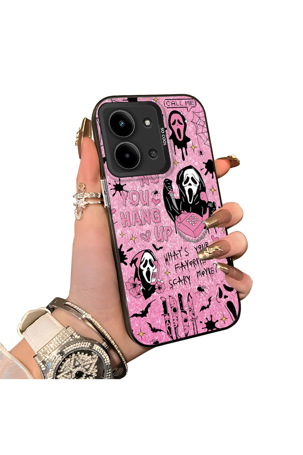 Xiaomi Redmi 15C 5g Compatible Pink Horror Movie Mask Patterned Acrylic Back Silicone Edge Phone Case