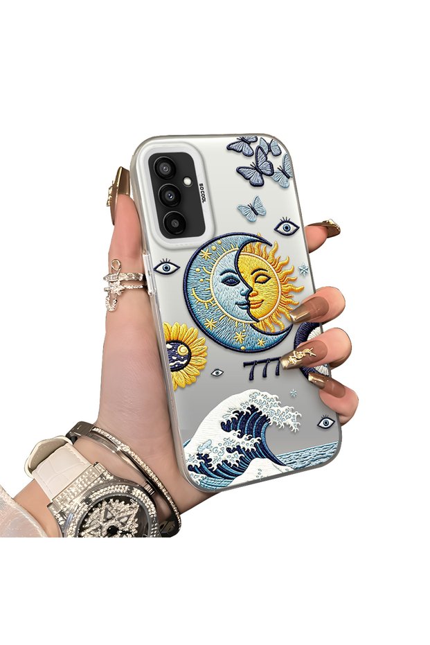 Samsung Galaxy M23/M13 Compatible Sun-Moon Eye and Wave Butterfly Pattern Acrylic Back Silicone Edge Phone Case