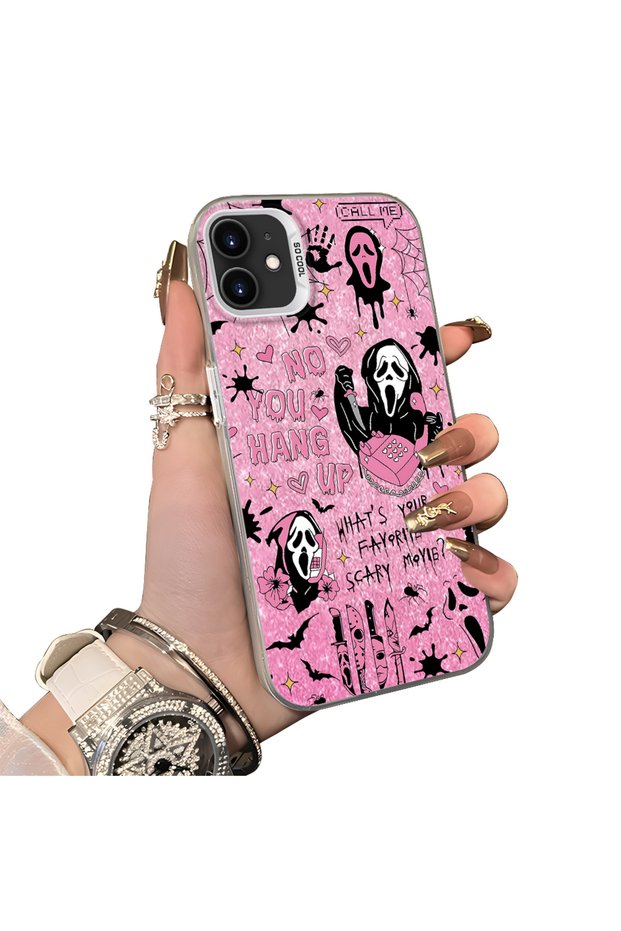 iPhone 12/12 Pro Compatible Pink Horror Movie Mask Patterned Acrylic Back Silicone Edge Phone Case
