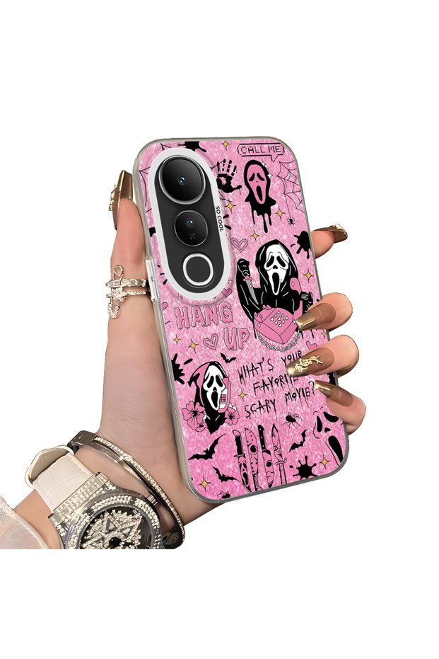 For Vivo V50 Lite 4G/5G Compatible Pink Horror Movie Mask Pattern Acrylic Back Silicone Edge Phone Case