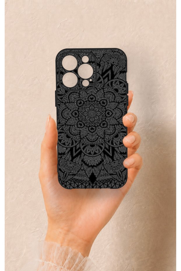 iPhone 13 Pro Max Compatible Black and White Mandala Pattern Silicone Case