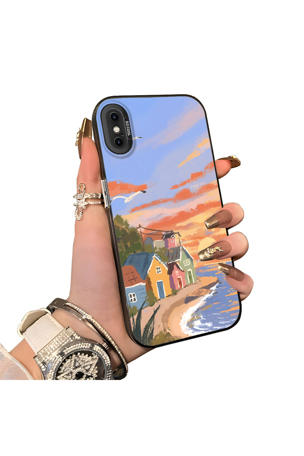 iPhone X/Xs Compatible Sunset Beach Scenery Printed Acrylic Back Silicone Edge Phone Case