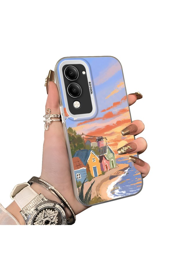 Vivo Y29S Compatible Sunset Seaside Scenery Printed Acrylic Back Silicone Edge Phone Case