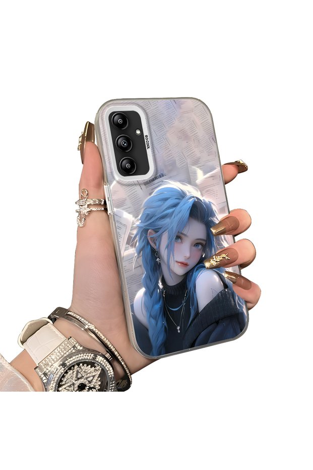 Samsung Galaxy A14 4G/5G Compatible Blue Haired Anime Girl Patterned Acrylic Back Silicone Edge Phone Case