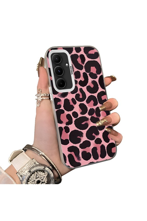 Samsung Galaxy A55 Compatible Pink Back Black Leopard Pattern Acrylic Back Silicone Edge Phone Case