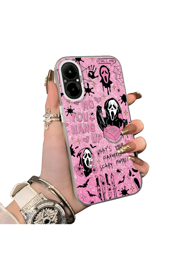 Realme C67 4g Compatible Pink Horror Movie Mask Patterned Acrylic Back Silicone Edge Phone Case