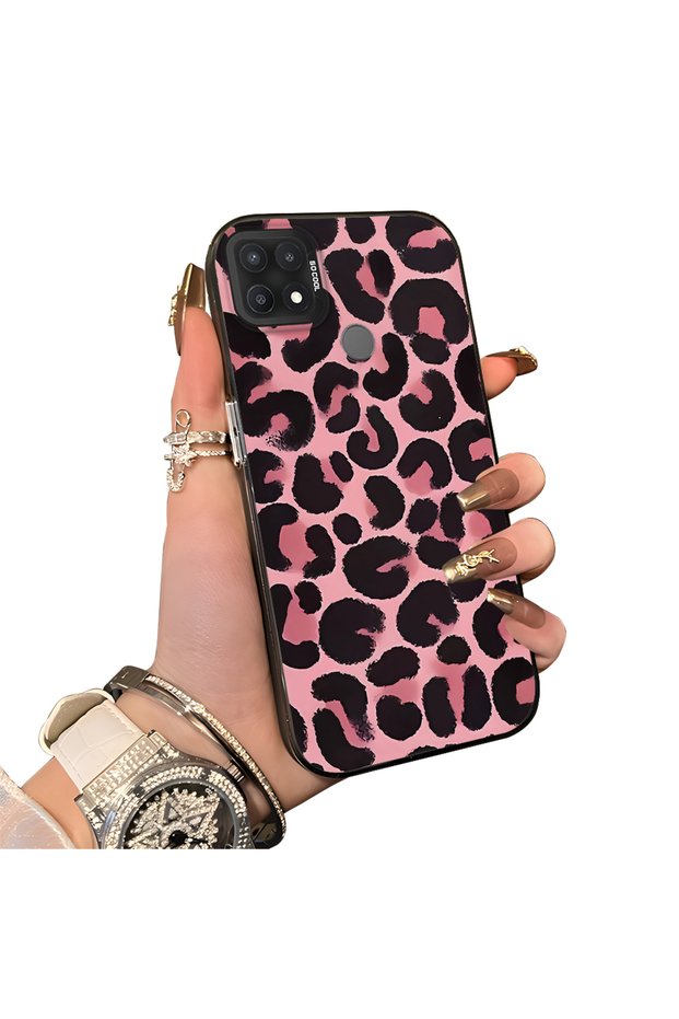 Oppo A15/A15S Compatible Pink Back Black Leopard Pattern Acrylic Back Silicone Edge Phone Case