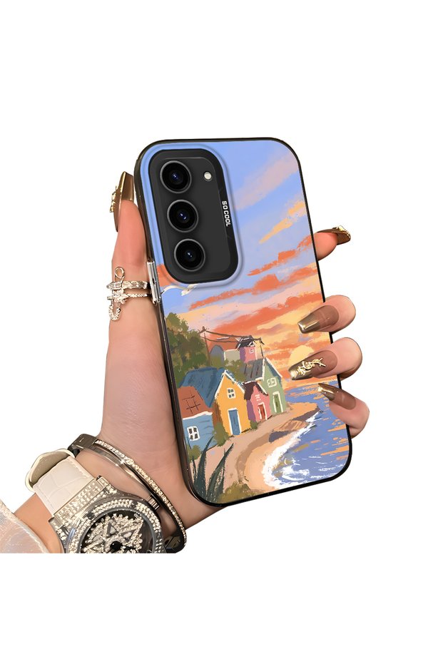 Samsung Galaxy S23 Compatible Sunset Beach Scenery Printed Acrylic Back Silicone Edge Phone Case
