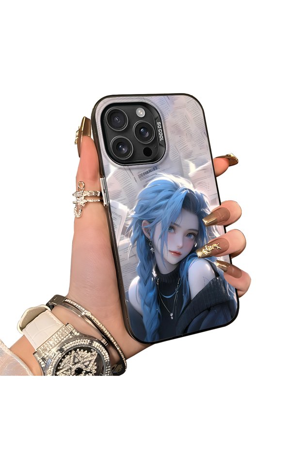 iPhone 16 Pro Max Compatible Blue Haired Anime Girl Patterned Acrylic Back Silicone Edge Phone Case