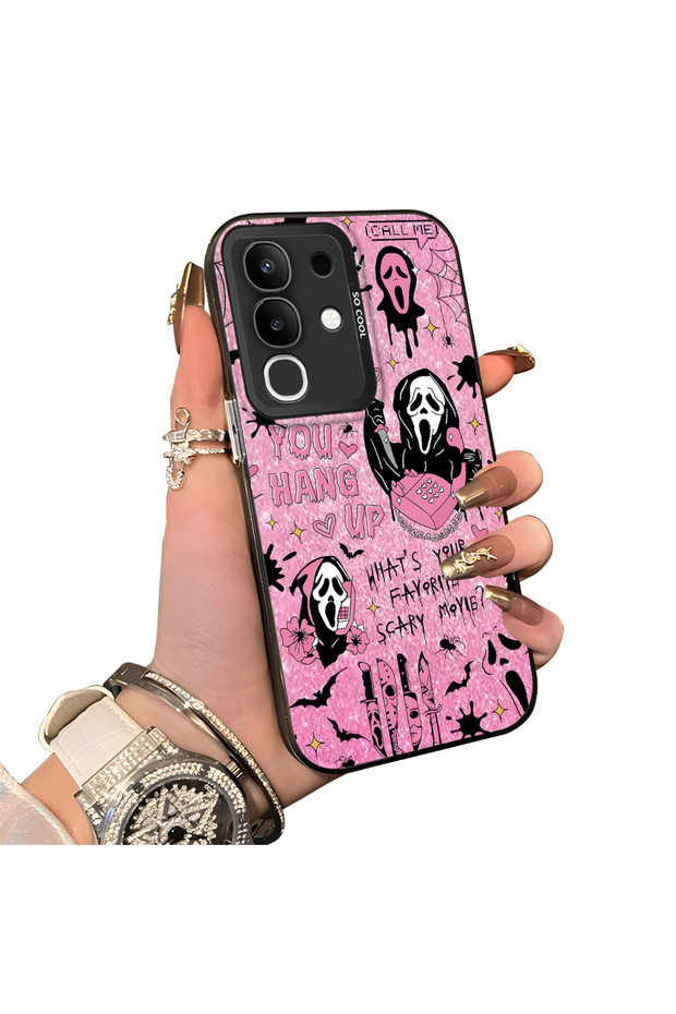 Vivo Y29 4g(V2434) Compatible Pink Horror Movie Mask Patterned Acrylic Back Silicone Edge Phone Case