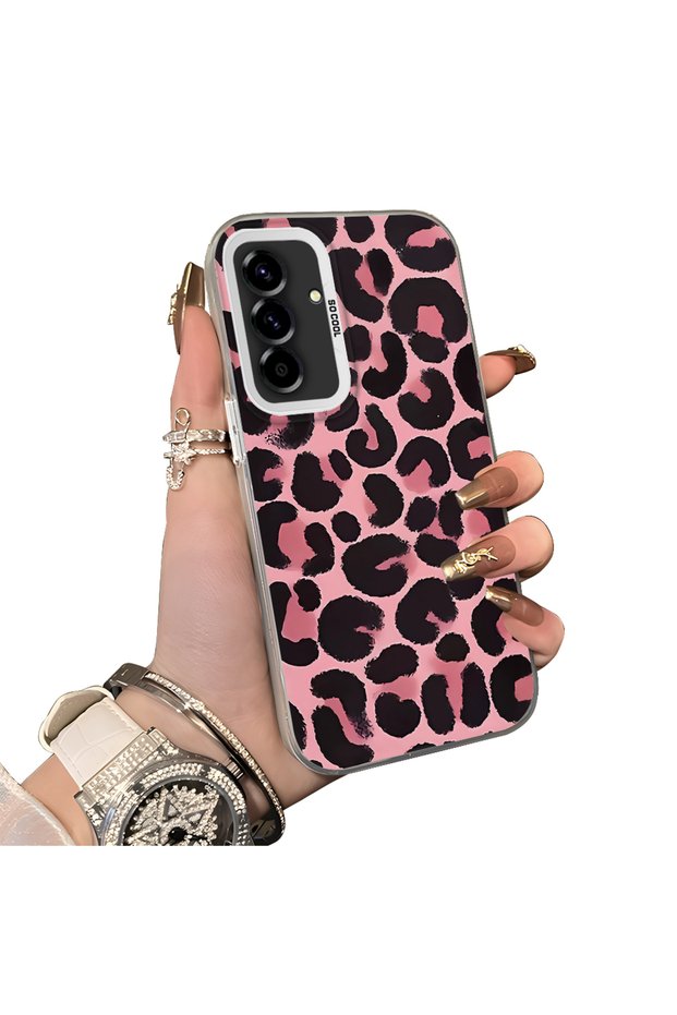 Samsung Galaxy A36/A56 Compatible Pink Back Black Leopard Pattern Acrylic Back Silicone Edge Phone Case